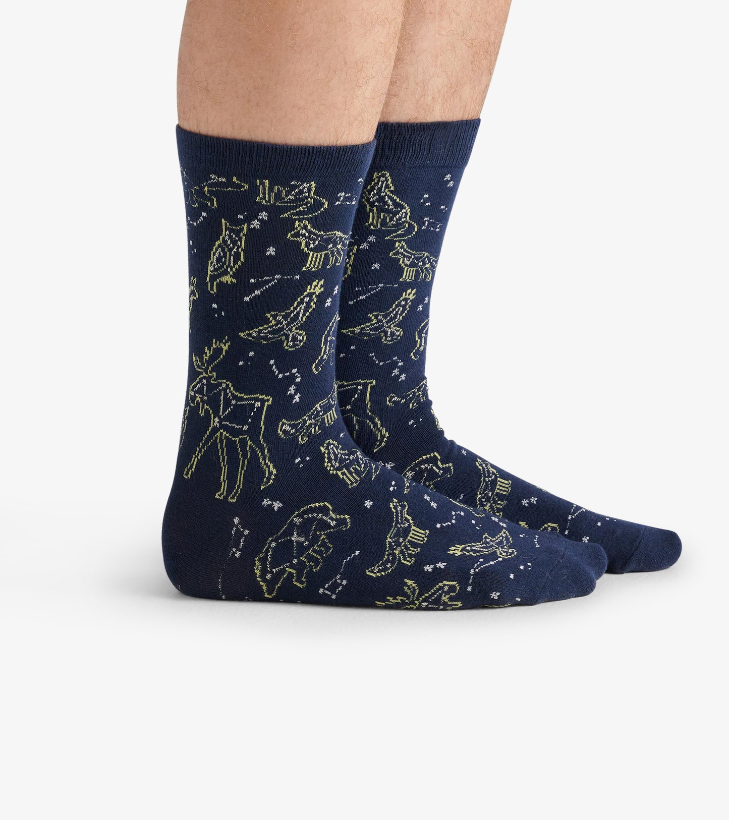 Navy crew socks featuring animal constellations in yellow, perfect for casual wear.