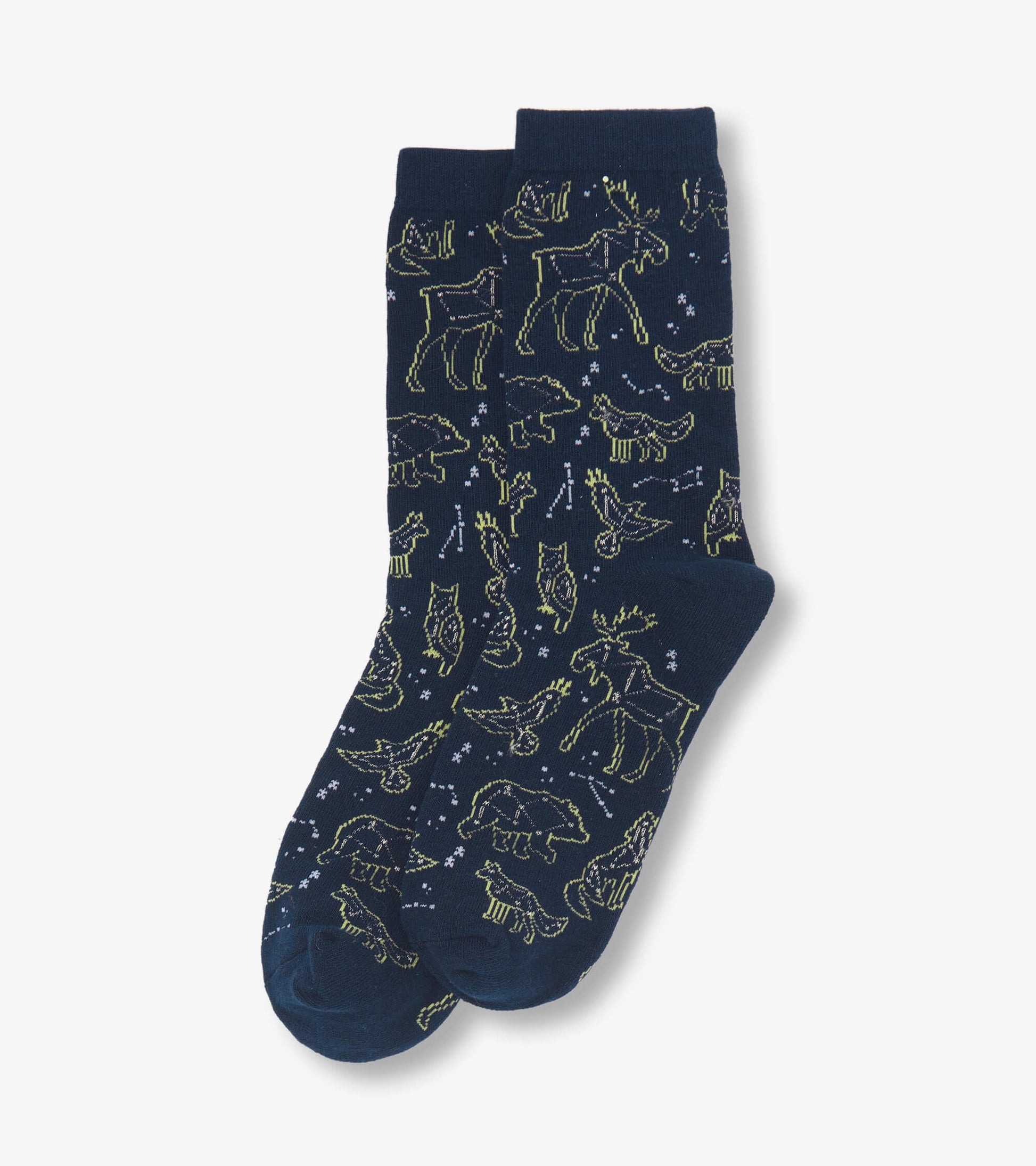 Navy crew socks featuring animal constellations in light green, suitable for casual wear.