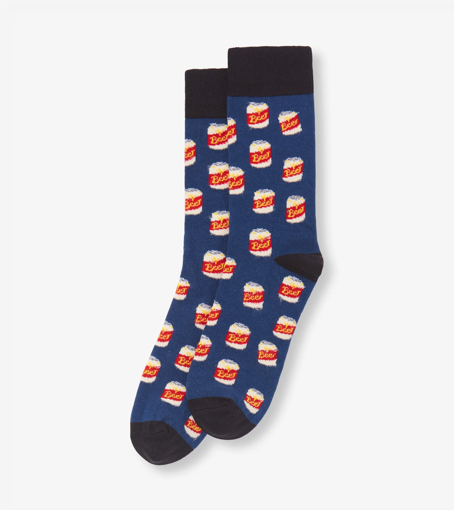 Navy crew socks featuring a playful beer can pattern, with a black cuff and toe. One size fits most.