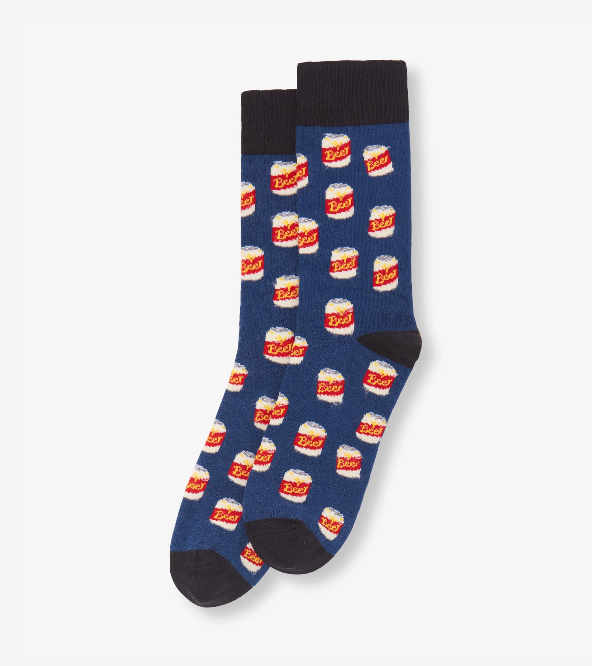 Navy crew socks featuring a playful beer can pattern, with a black cuff and toe. One size fits most.