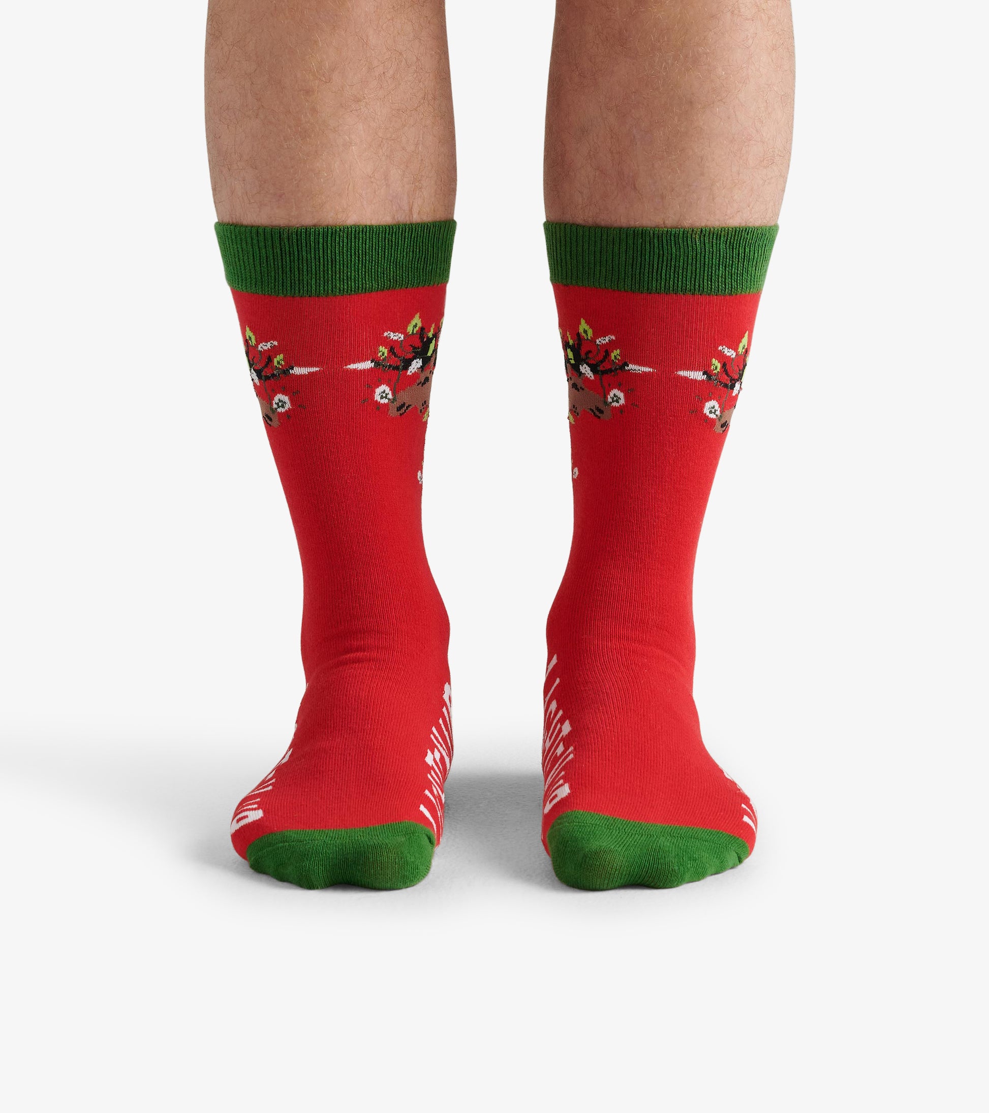 Red crew socks with green cuffs and festive moose design, suitable for casual wear.