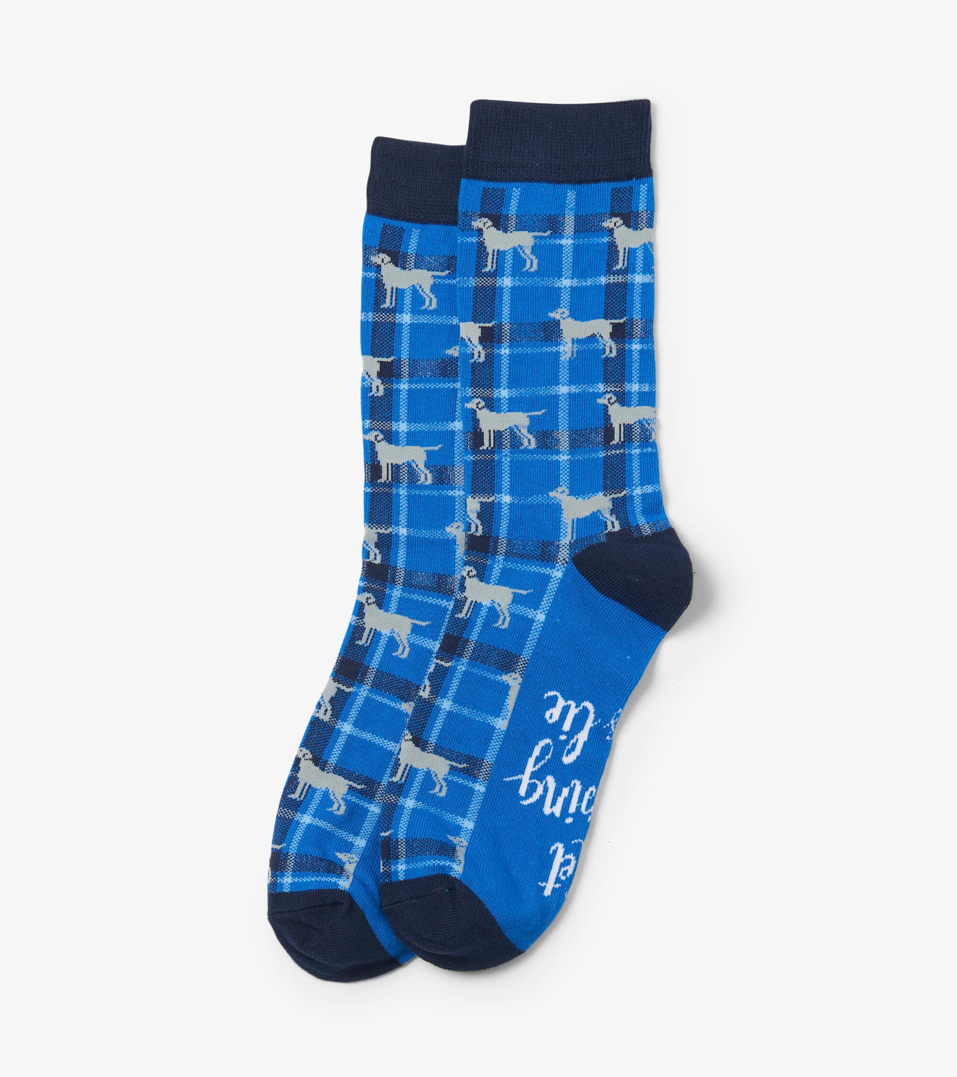 Blue crew socks featuring a plaid pattern with gray dog silhouettes and a solid blue toe, designed for casual wear.