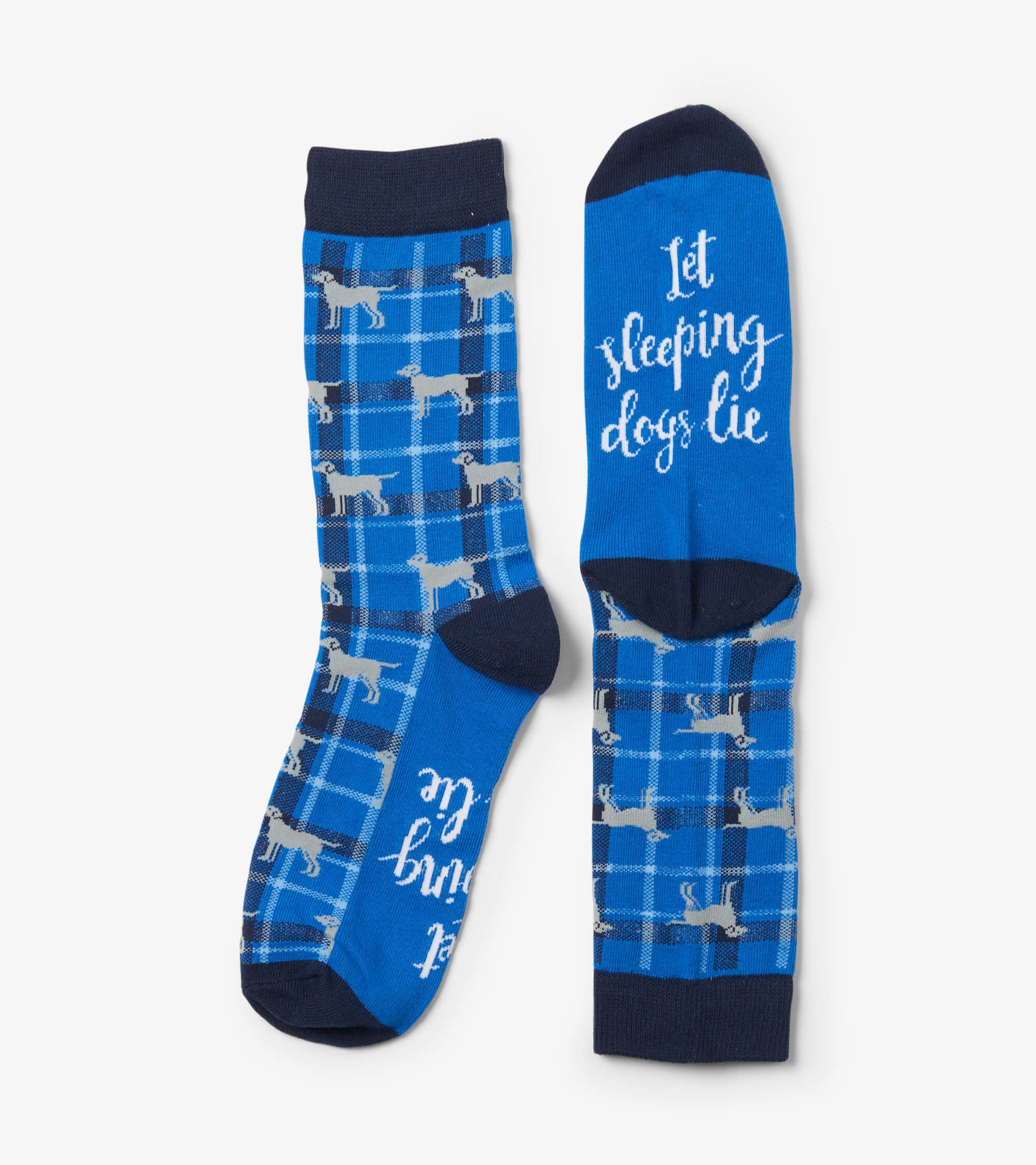 Blue crew socks featuring a plaid pattern with playful dog graphics and the phrase "Let sleeping dogs lie.