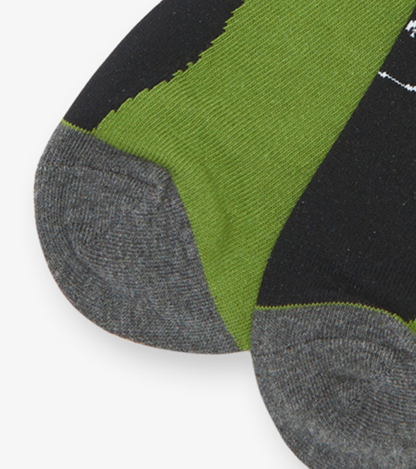 Black and green crew socks with a gray toe, featuring a playful bear graphic design.