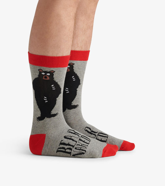 Gray crew socks featuring a black bear design and red accents at the cuff and toe. One size fits most.