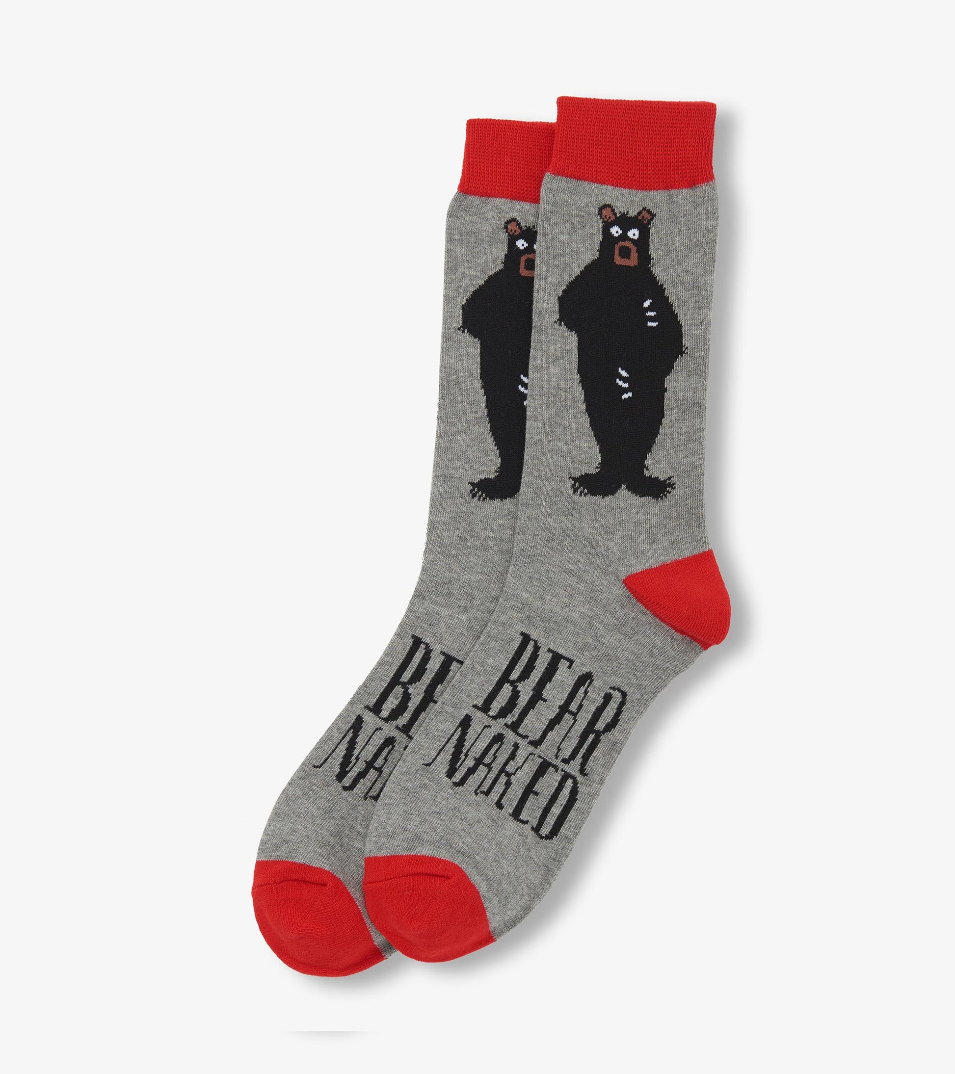 Gray crew socks featuring a black bear design and red accents at the cuff and toe.