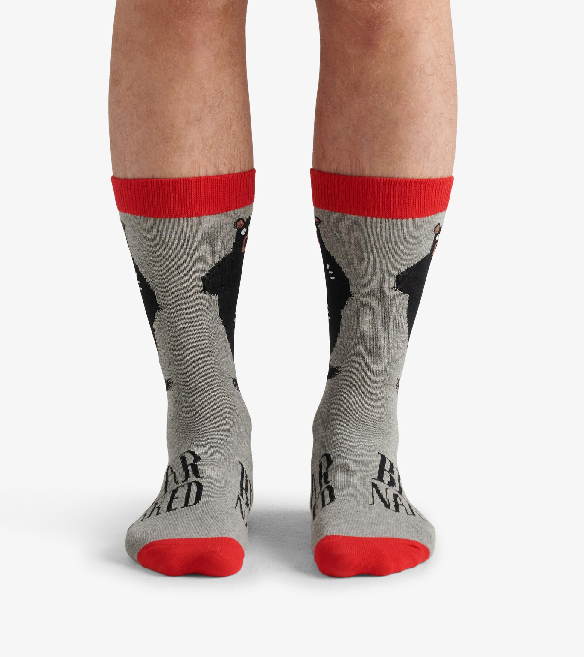 Gray crew socks featuring black bear graphics and red accents at the cuff and toe.