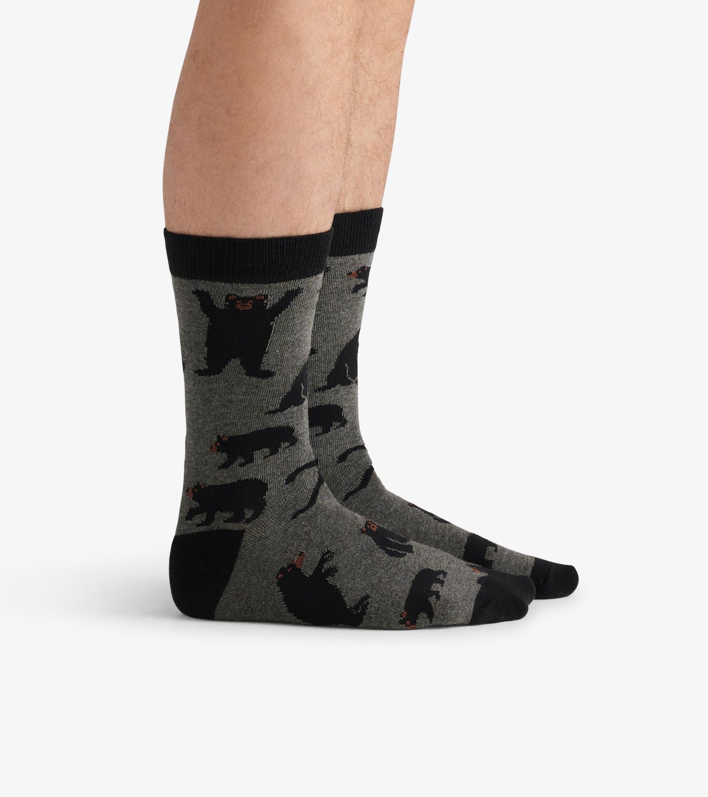 Gray crew socks featuring black bear patterns and a black cuff, suitable for casual wear.