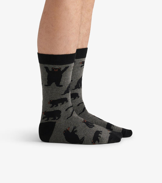 Gray crew socks featuring black bear patterns and a black cuff, suitable for casual wear.