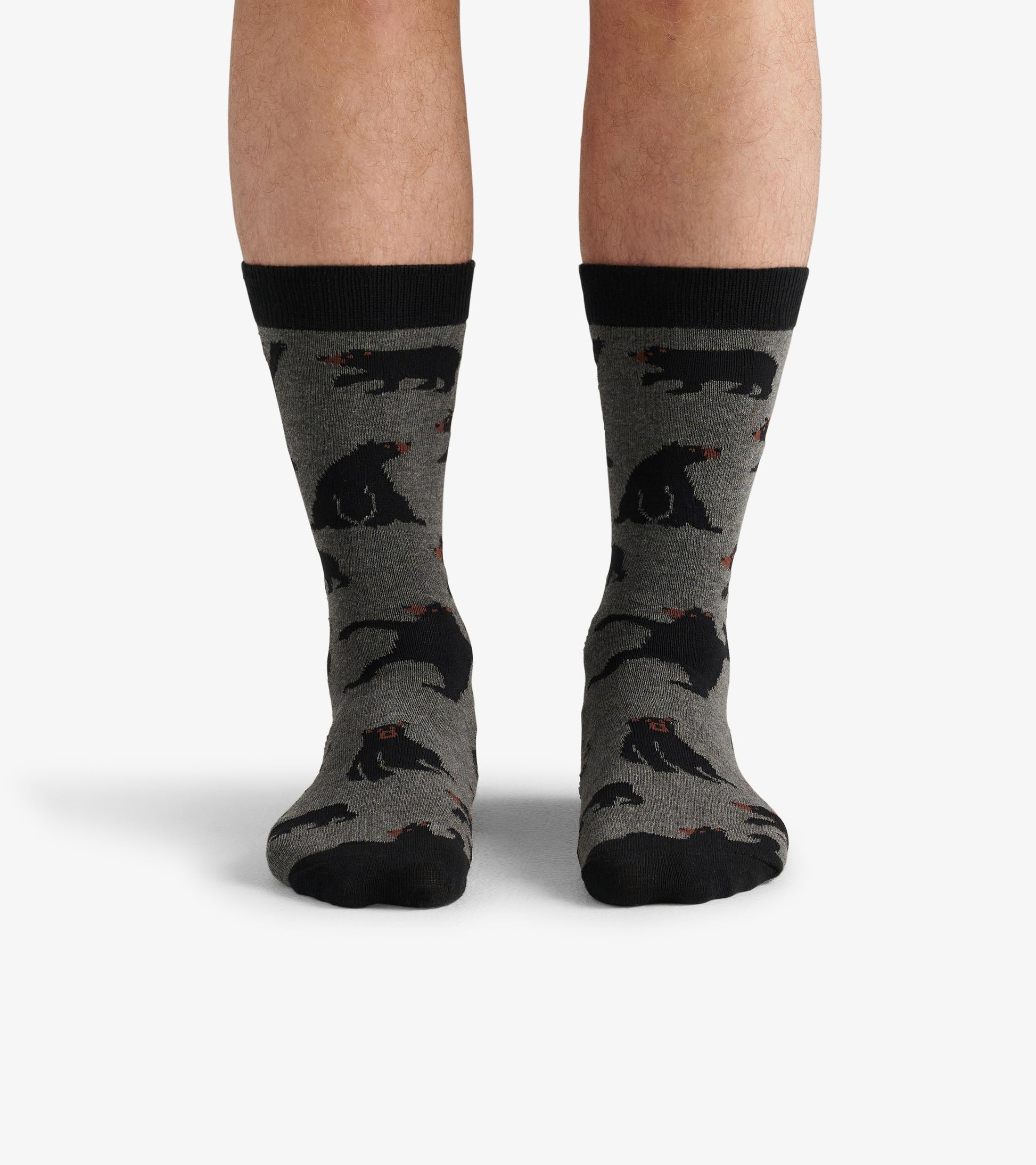 Gray crew socks featuring black bear patterns with red accents, suitable for casual wear.