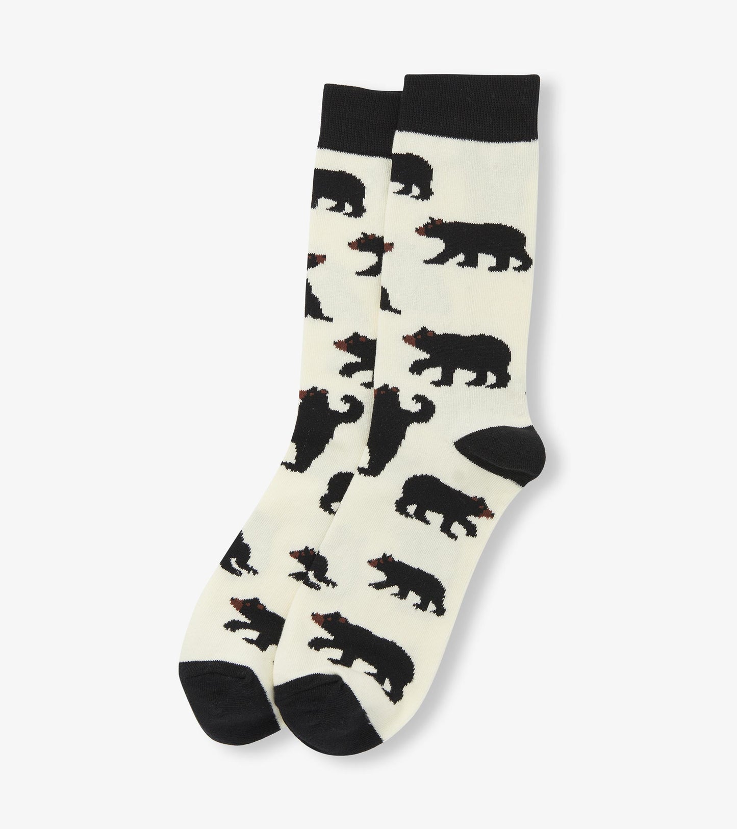 Cream socks featuring a playful black bear pattern, with black cuffs and toes, suitable for casual wear.