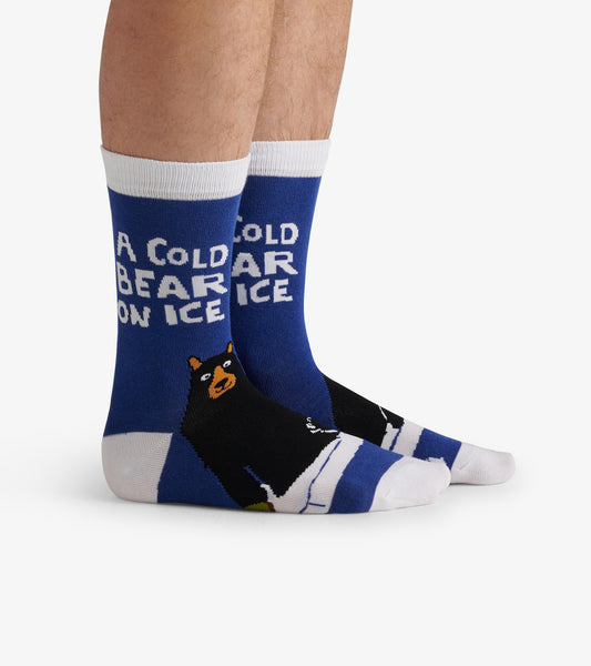 Blue crew socks featuring a black bear graphic and the text "A COLD BEAR ON ICE" with white and black accents.