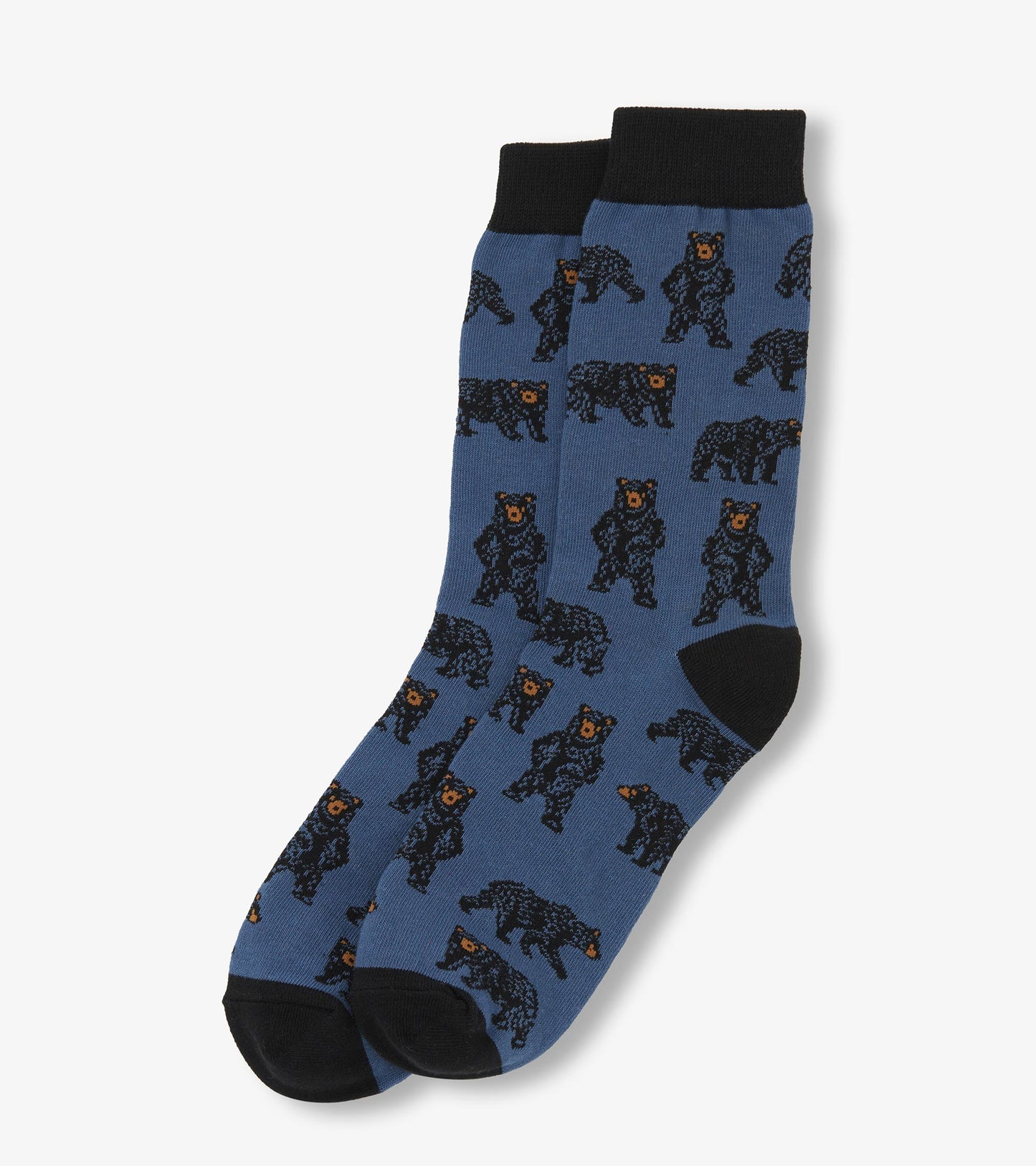 Blue crew socks featuring a playful bear pattern with black accents at the cuff and toe. One size fits all.