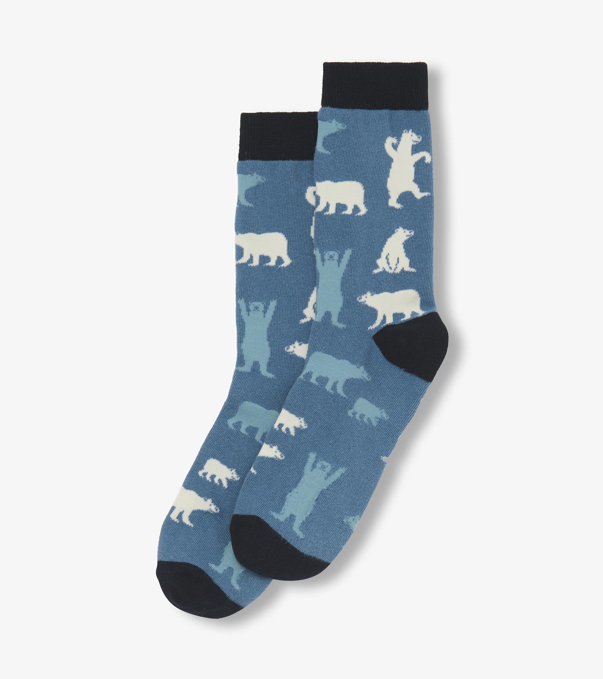 Blue crew socks featuring playful polar bear patterns in white, with a dark navy cuff and toe. One size fits all.