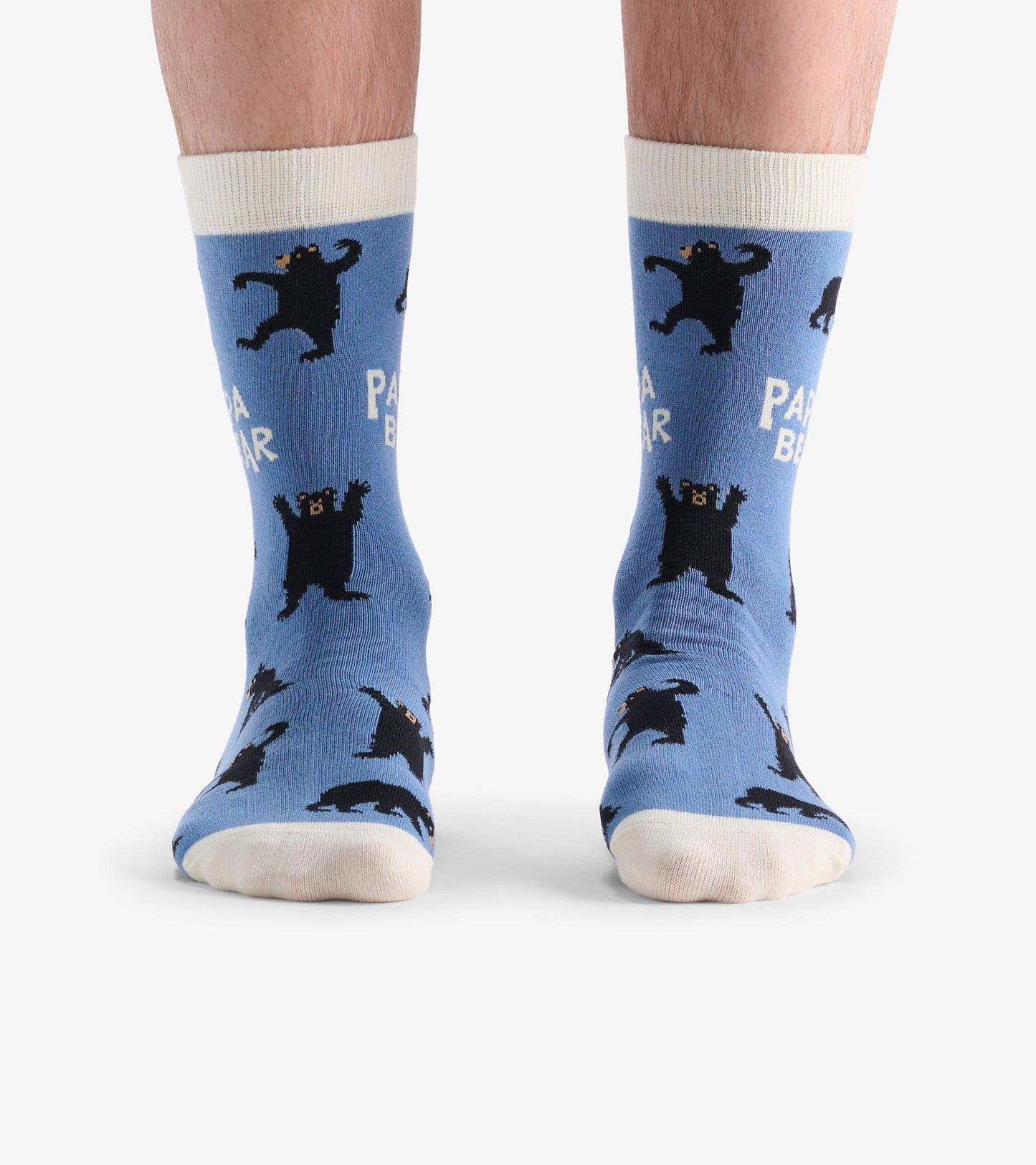 Blue crew socks featuring playful black bear designs and white cuffs, suitable for casual wear.