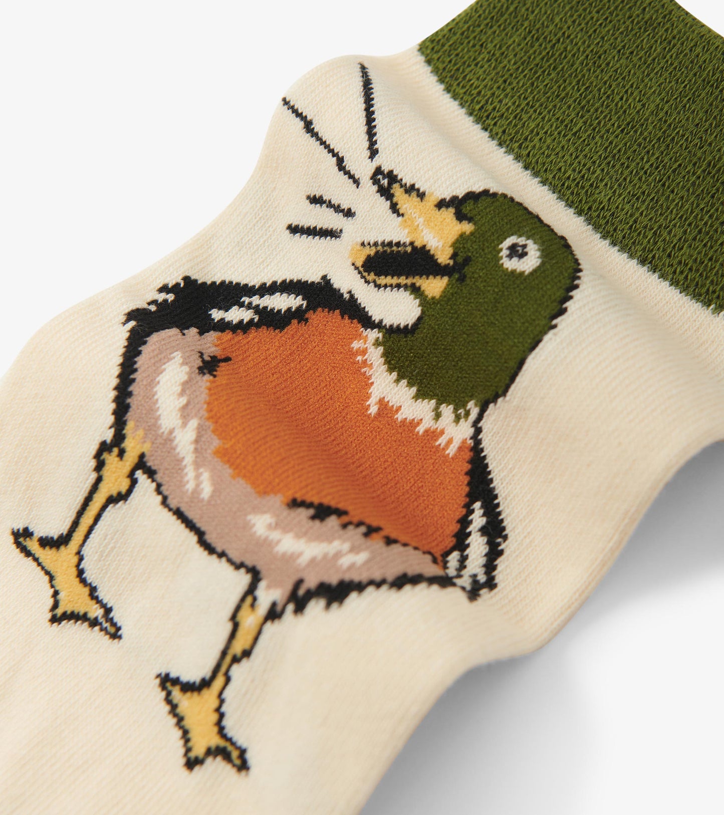 Cream crew socks featuring a colorful duck graphic with a green cuff. Ideal for casual wear.