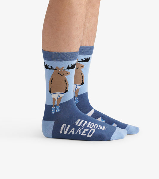 Blue crew socks featuring a cartoon moose design with the text "ALMOOSE NAKED" at the bottom. One size fits all.