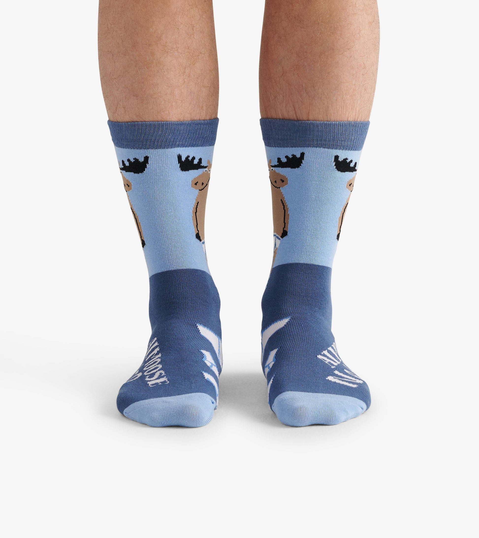 Light blue crew socks featuring a moose design, with a darker blue cuff and toe, suitable for casual wear.