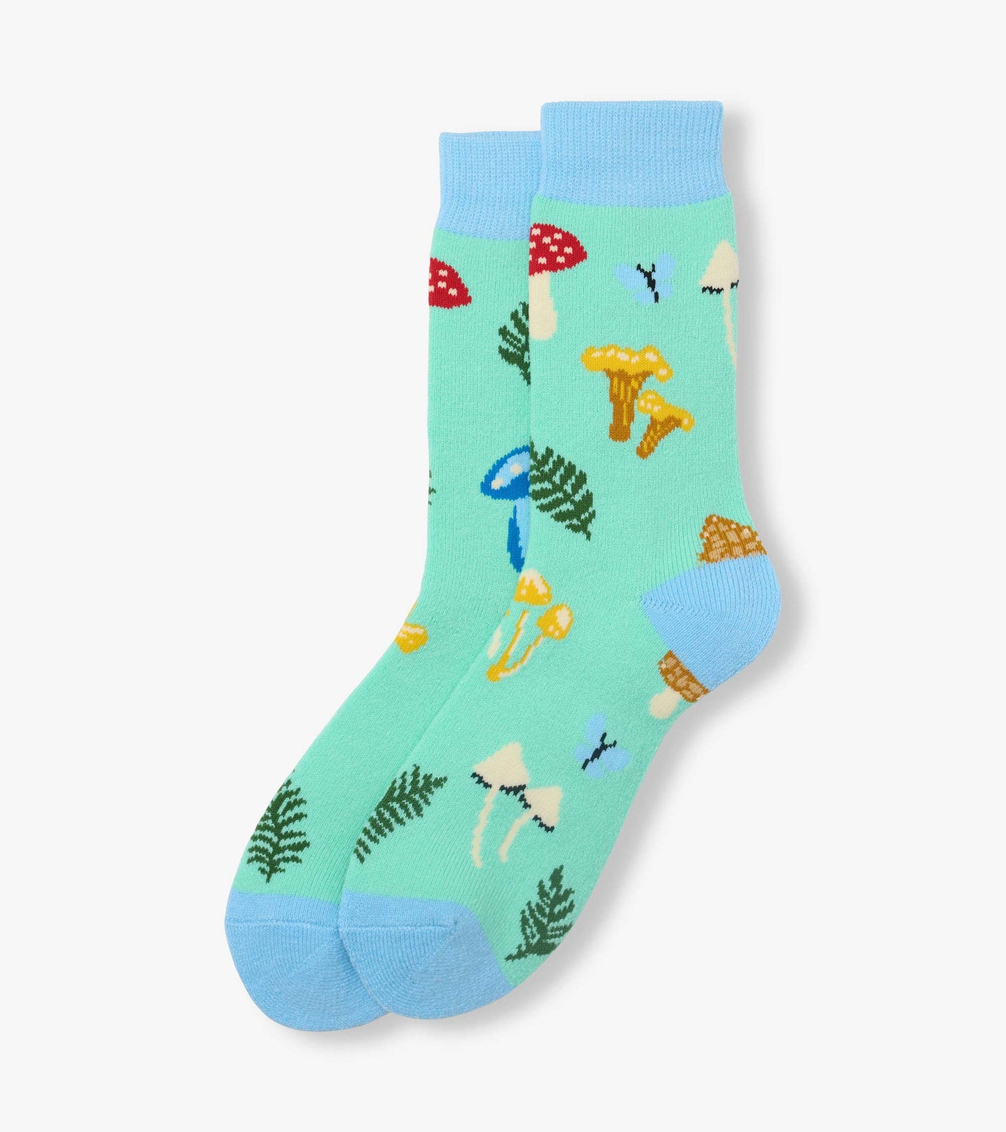 Mint green crew socks with blue cuffs and toes, featuring colorful mushroom and fern pattern