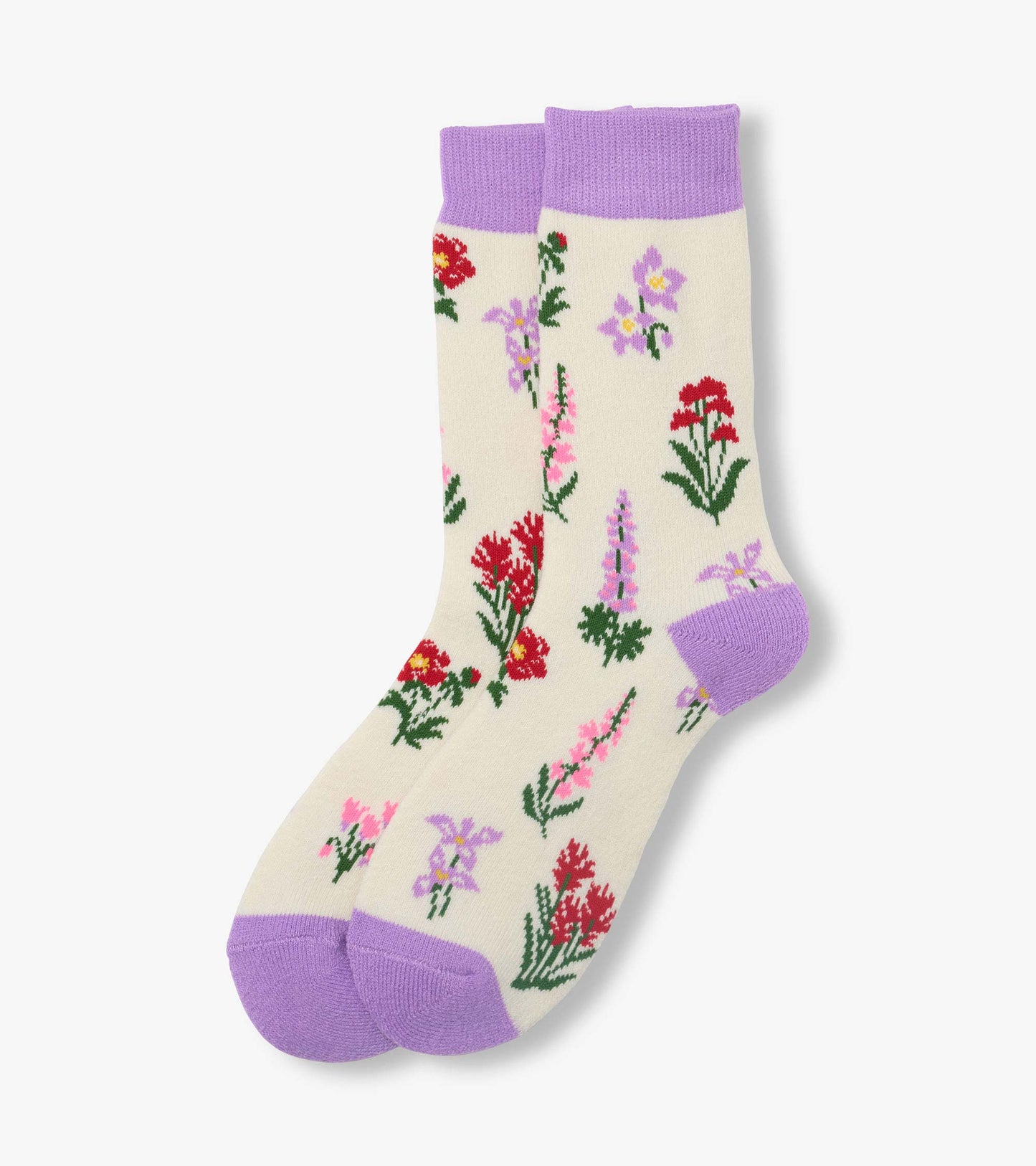 Cream crew socks with purple cuffs, heels and toes, featuring a colorful wildflower print.