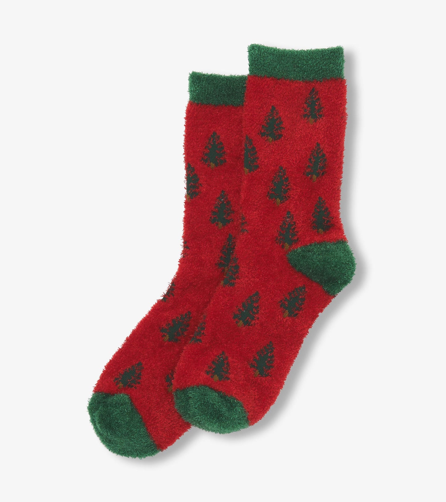 Red fuzzy socks featuring a green cuff and black tree patterns, designed for comfort and warmth.