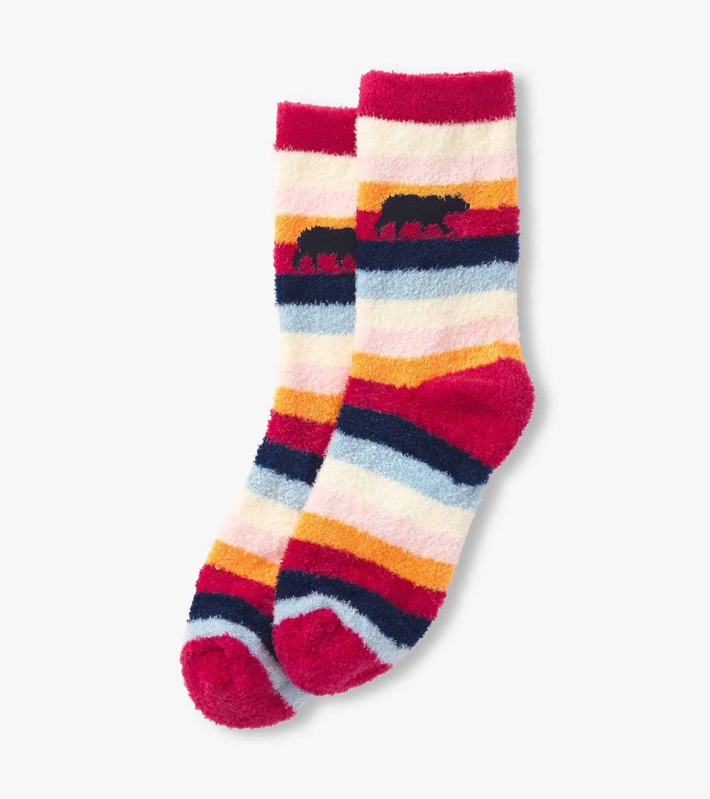 Fuzzy socks featuring a colorful striped pattern with a bear silhouette, designed for comfort and warmth. One size.