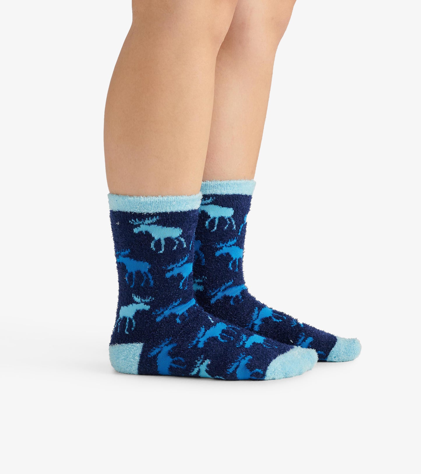 Navy fuzzy socks with a blue moose pattern and light blue cuffs, designed for comfort and warmth.