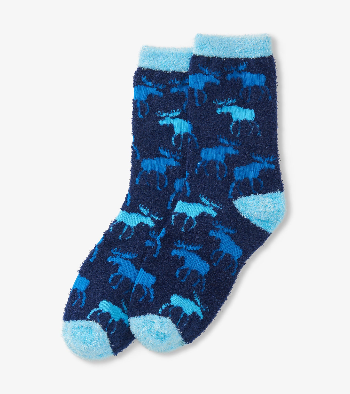 Navy fuzzy socks featuring a moose pattern in shades of blue, with light blue accents on the cuff and toe. One size.