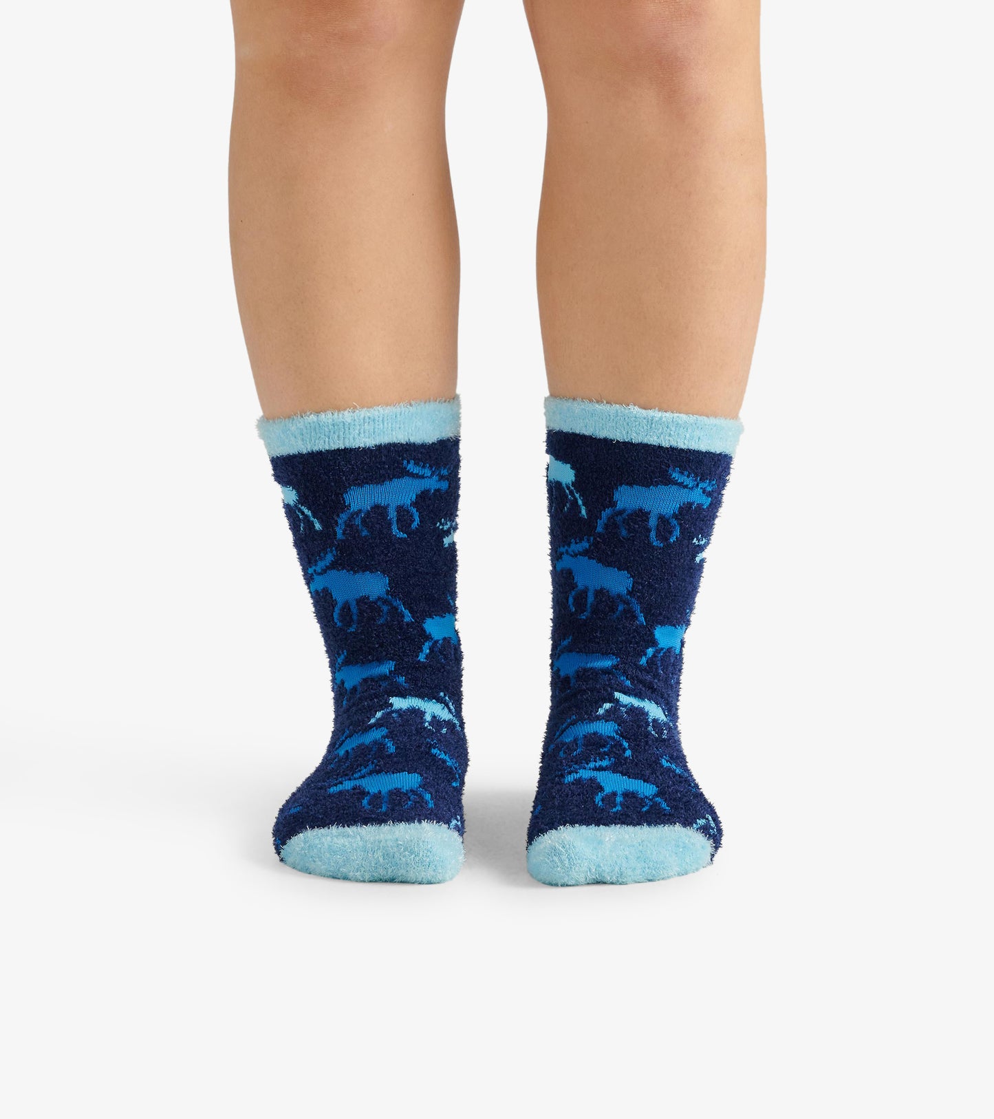 Navy fuzzy socks with light blue trim, featuring a moose pattern, designed for comfort and warmth.
