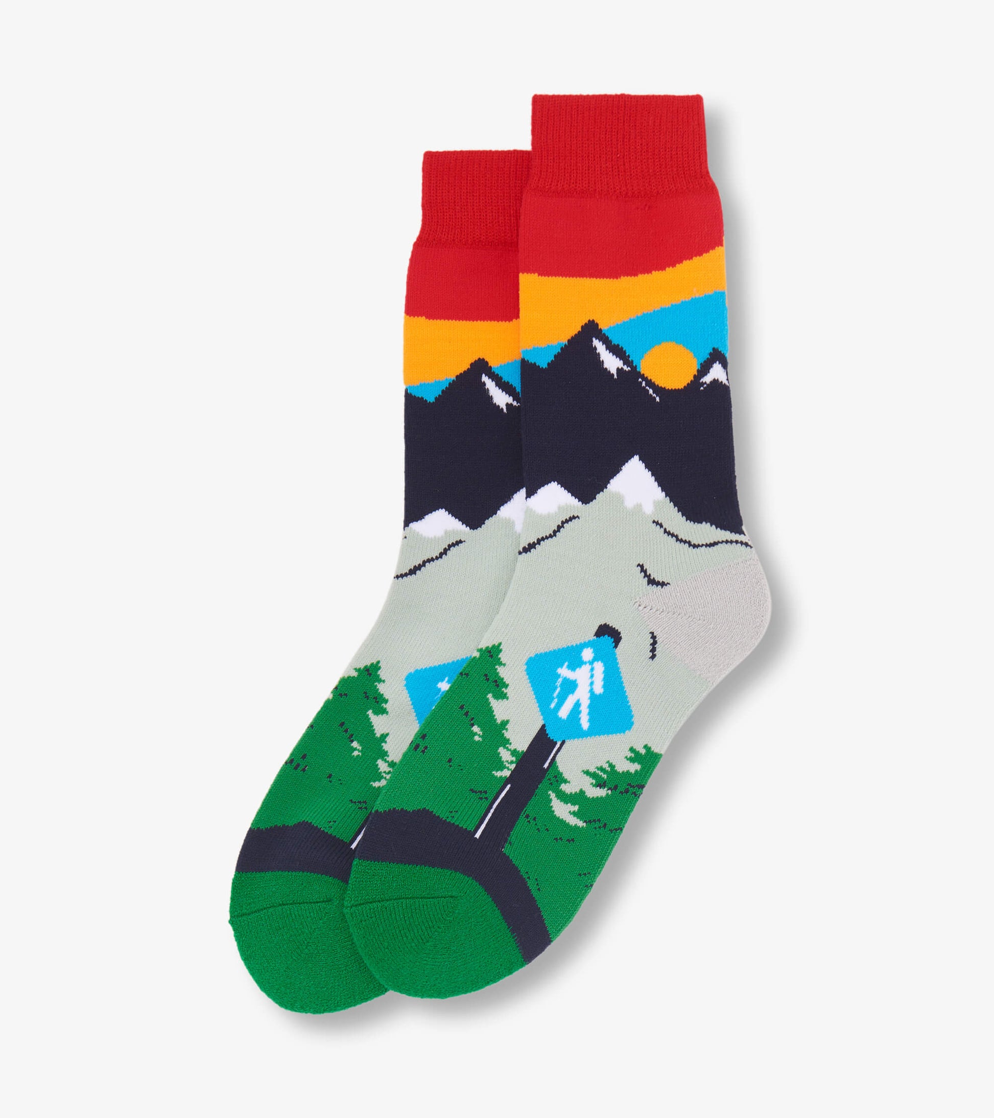 Colorful hiking socks featuring a mountain and sunset design with red, blue, green, and gray tones. One size.