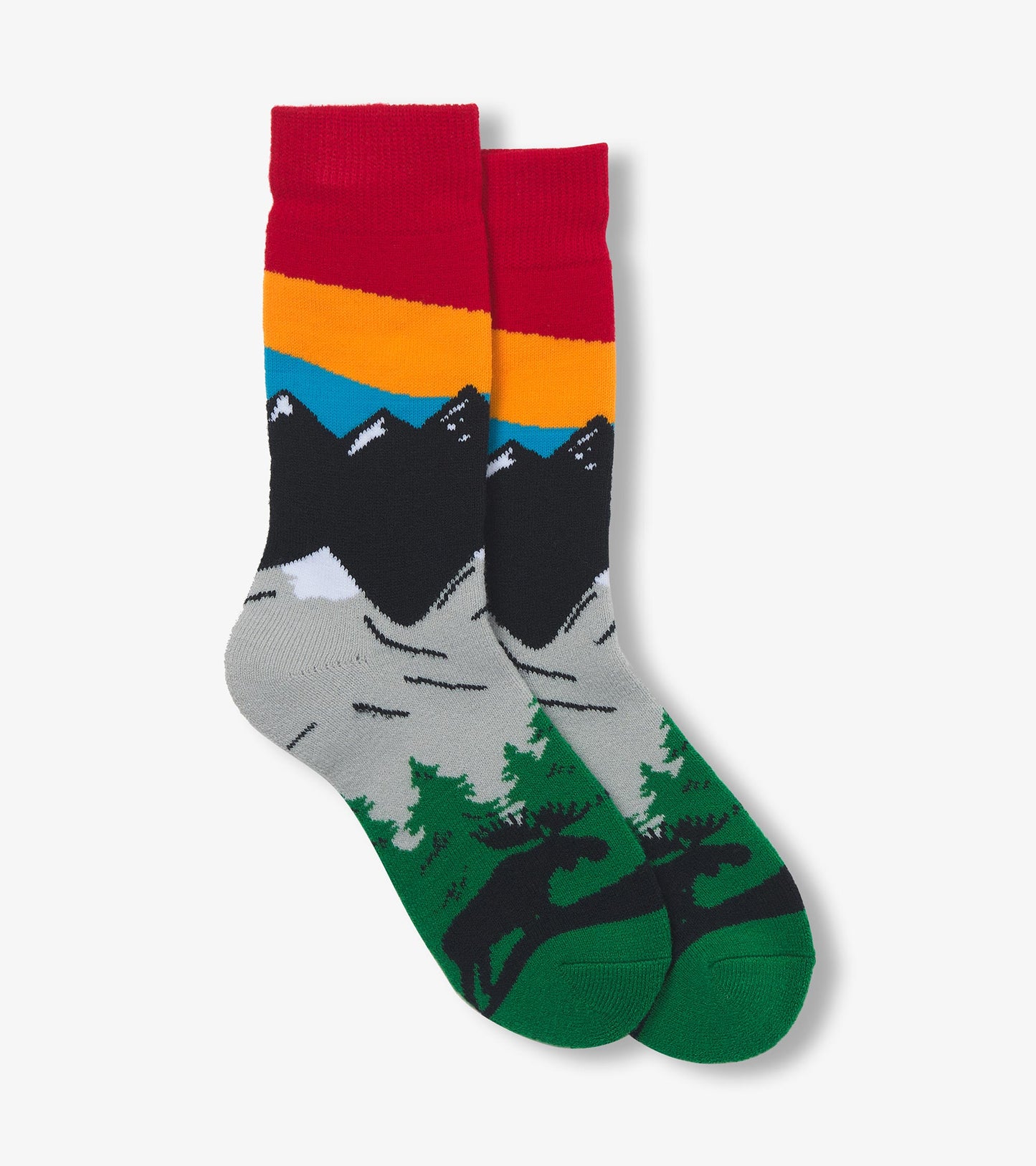Colorful hiking socks featuring a mountain and forest design with red, orange, blue, and green accents. One size.