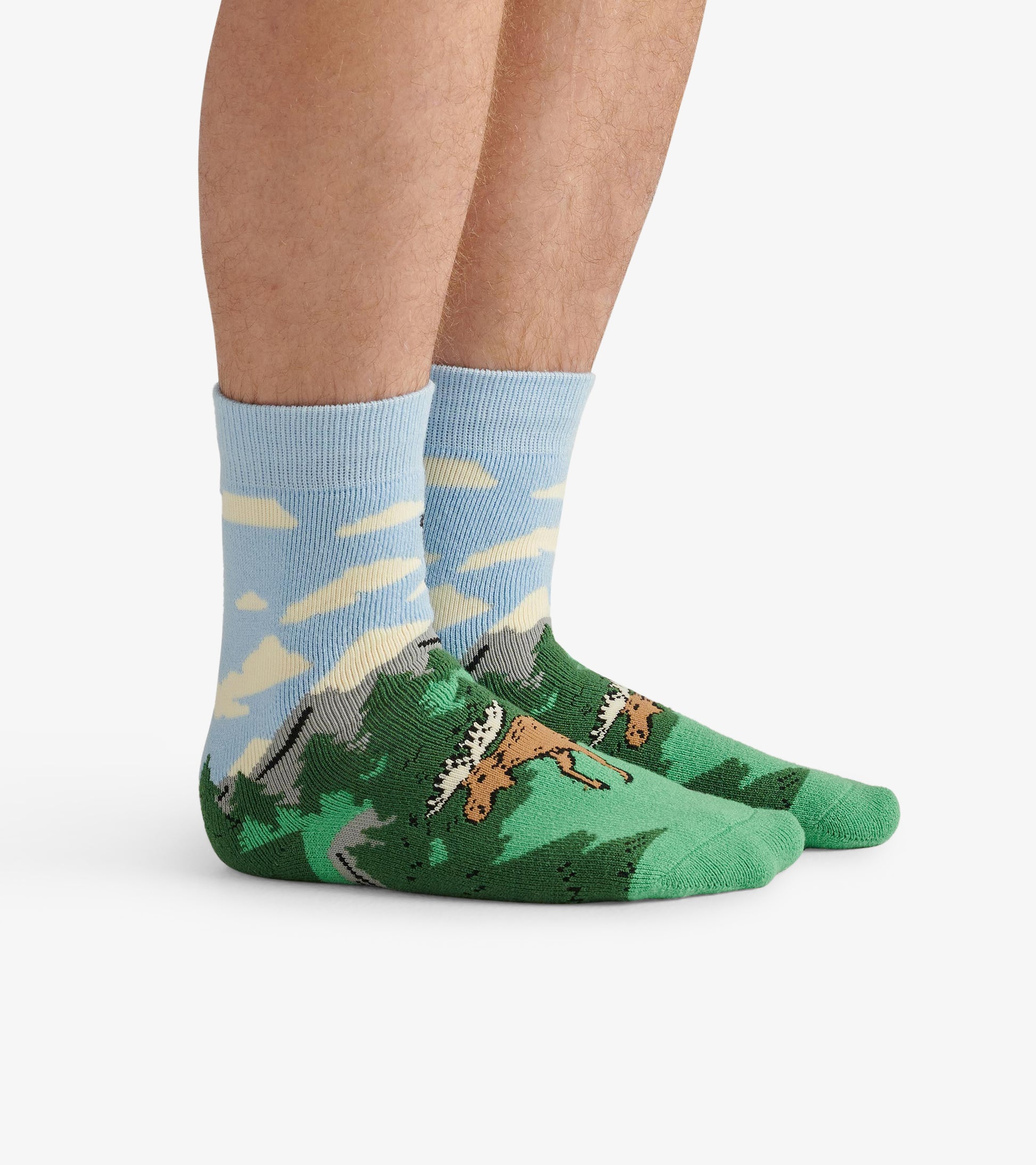 Cozy socks featuring a scenic mountain and forest design in blue, green, and earthy tones, suitable for outdoor wear.