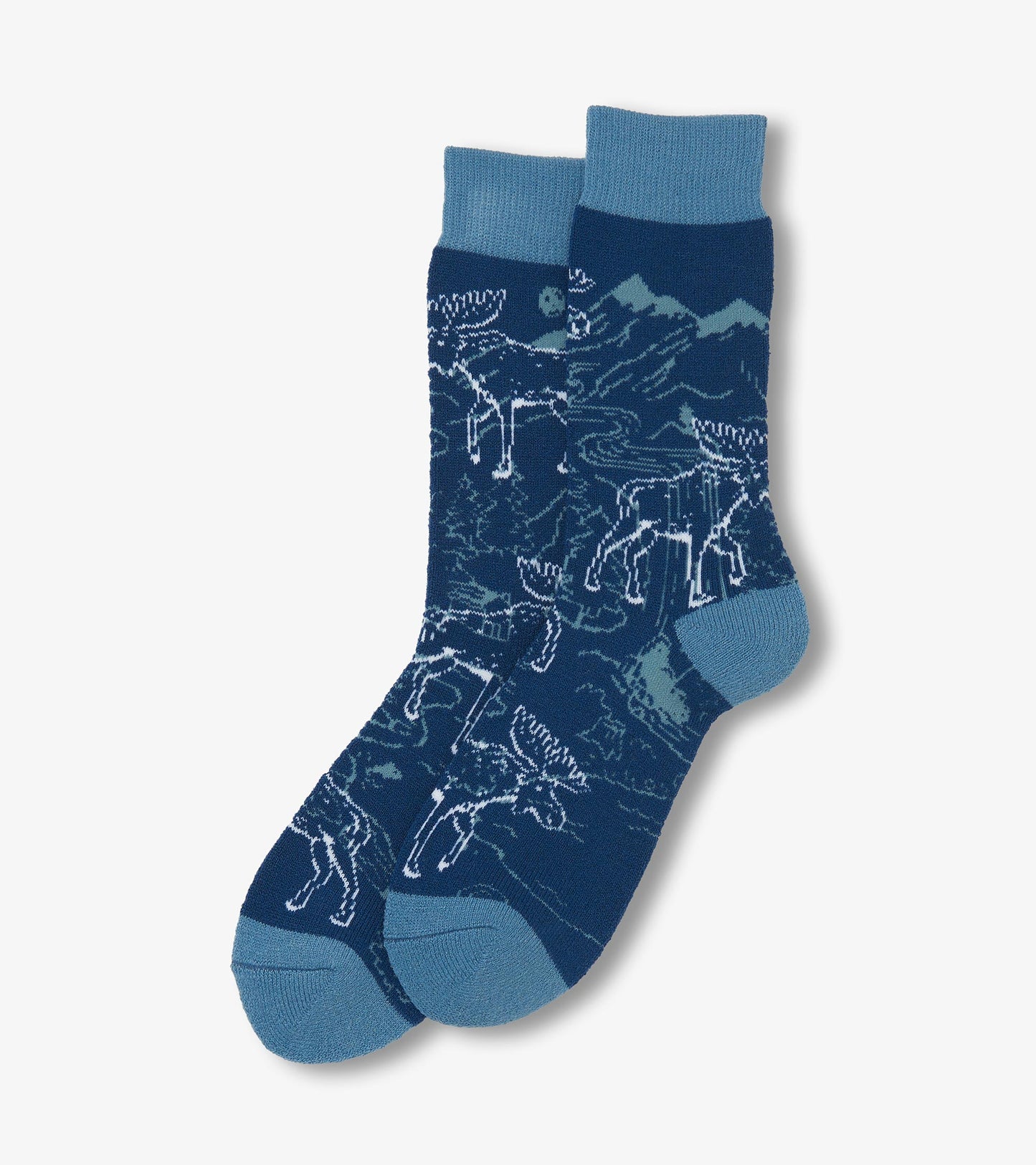 Navy blue cozy socks featuring a moose pattern and mountain design, made from soft material, suitable for casual wear.
