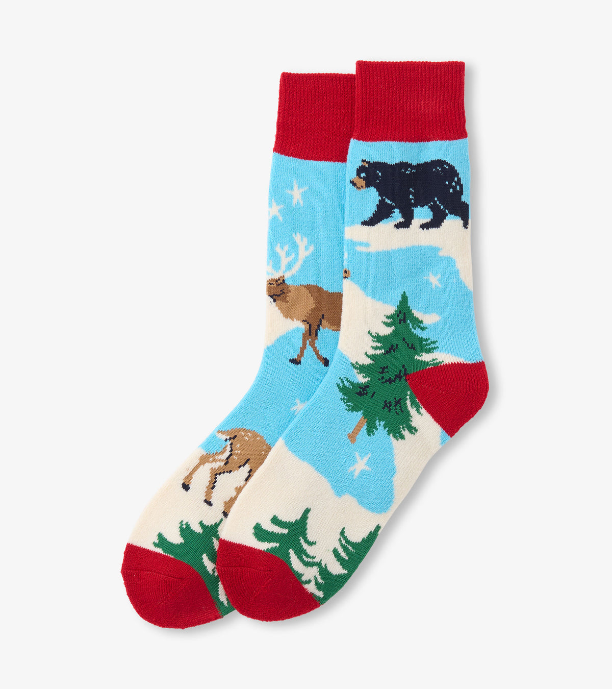 Adult cozy socks with red cuffs and toes, blue snowy landscape, trees, bear, deer, and moose pattern