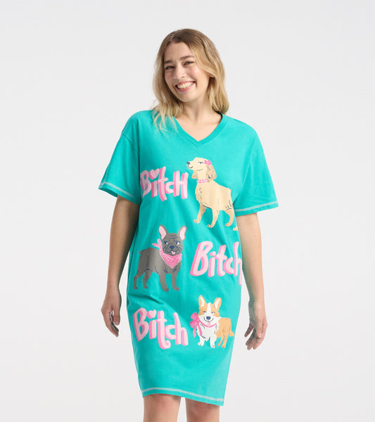 Turquoise sleepshirt featuring playful dog graphics and the word "Bitch" in pink, with a relaxed V-neck design.