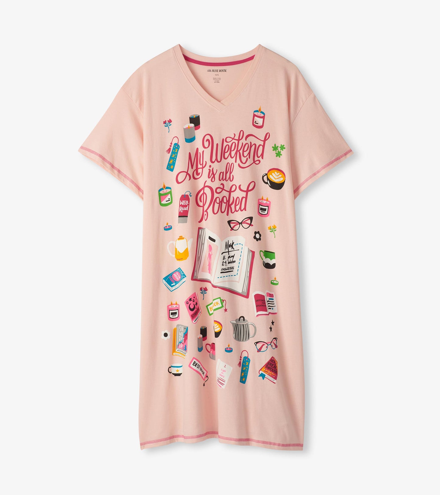Pink women's sleepshirt featuring a colorful graphic design with books, drinks, and reading-themed icons. V-neck style.