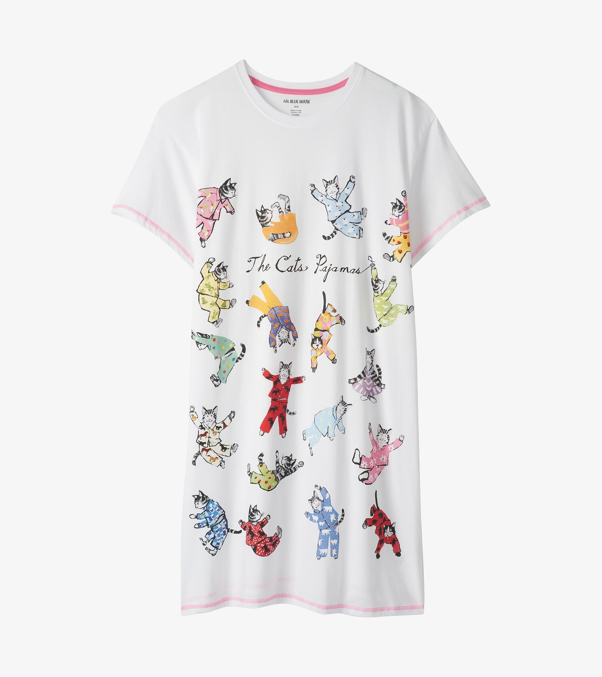 White sleepshirt featuring playful cat illustrations in various colors, with a round neckline and short sleeves.