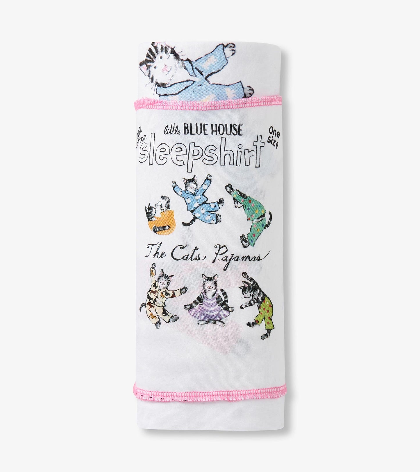 White sleepshirt featuring playful cat illustrations in various pajamas, with pink trim, designed for comfortable lounging.