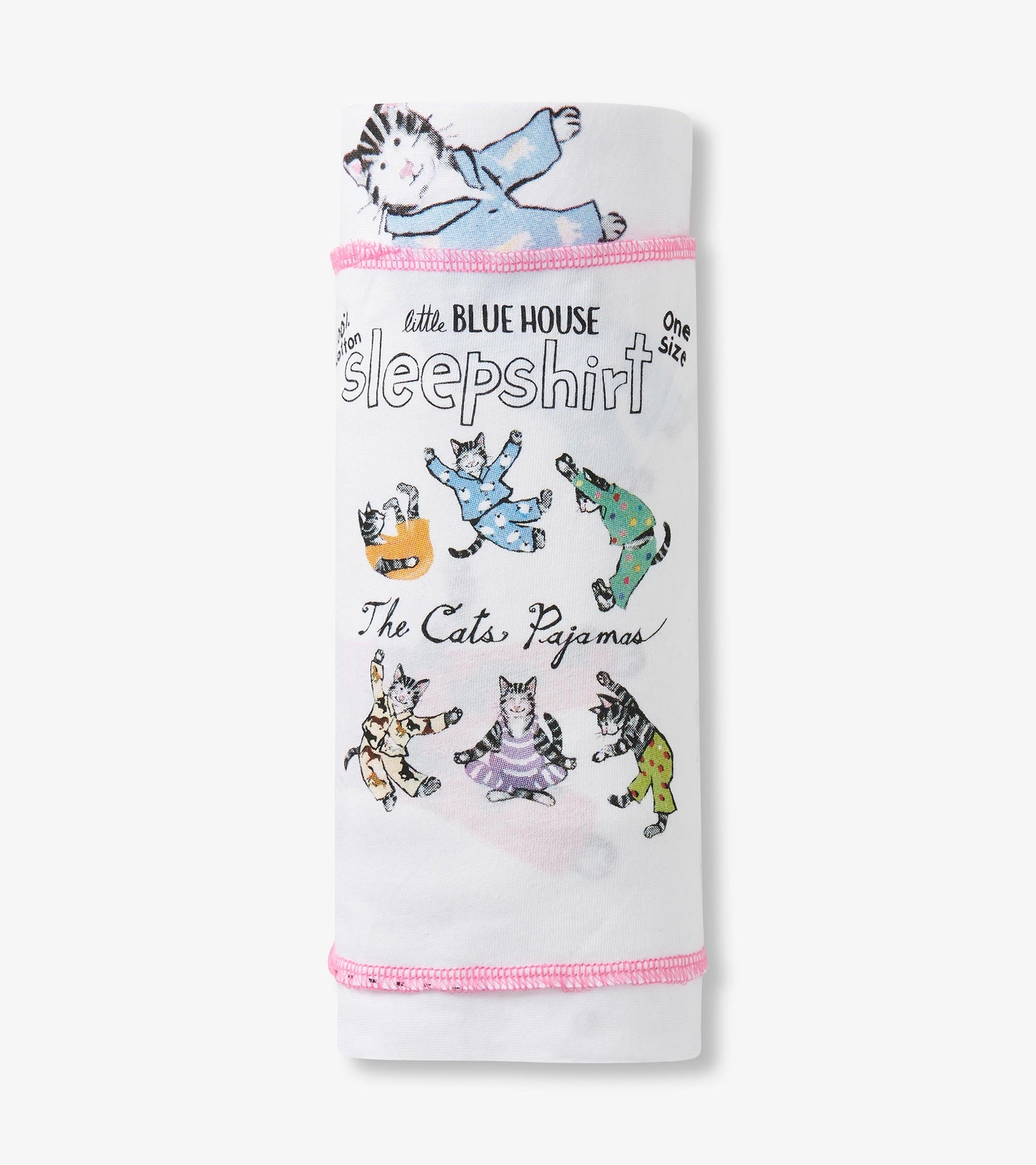 White sleepshirt featuring playful cat illustrations in various pajamas, with pink trim, designed for comfortable lounging.