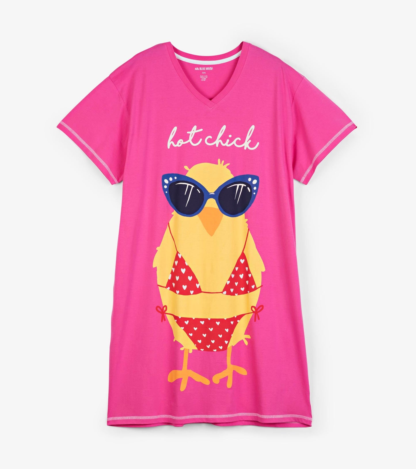 Pink sleepshirt featuring a cartoon chick in sunglasses and a bikini, with a v-neck and short sleeves.