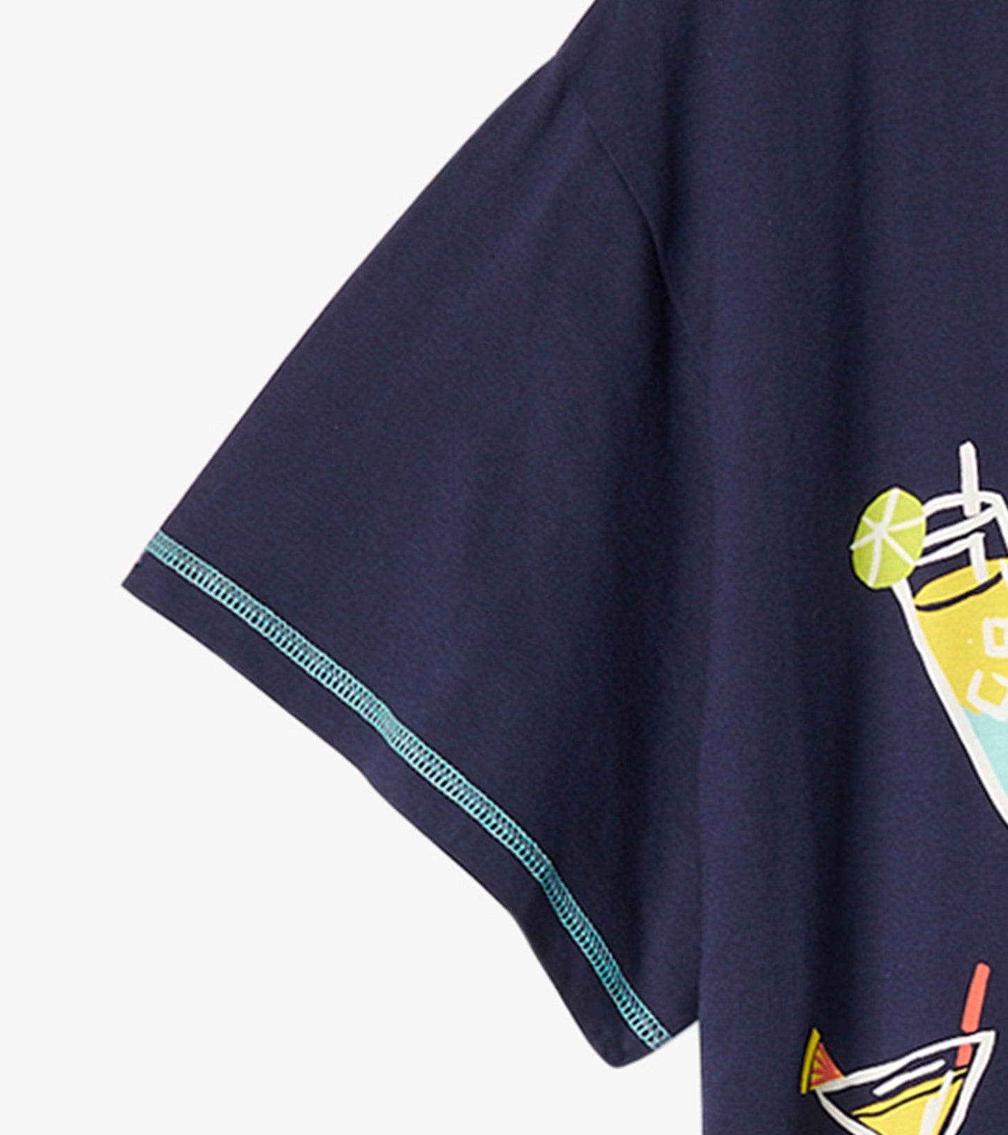 Navy blue sleepshirt featuring colorful cocktail graphics and contrast stitching, designed for comfortable lounging.