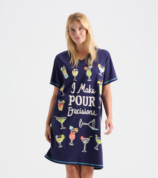 Navy blue sleepshirt featuring colorful cocktail graphics and the phrase "I Make POUR Decisions," with a relaxed fit.