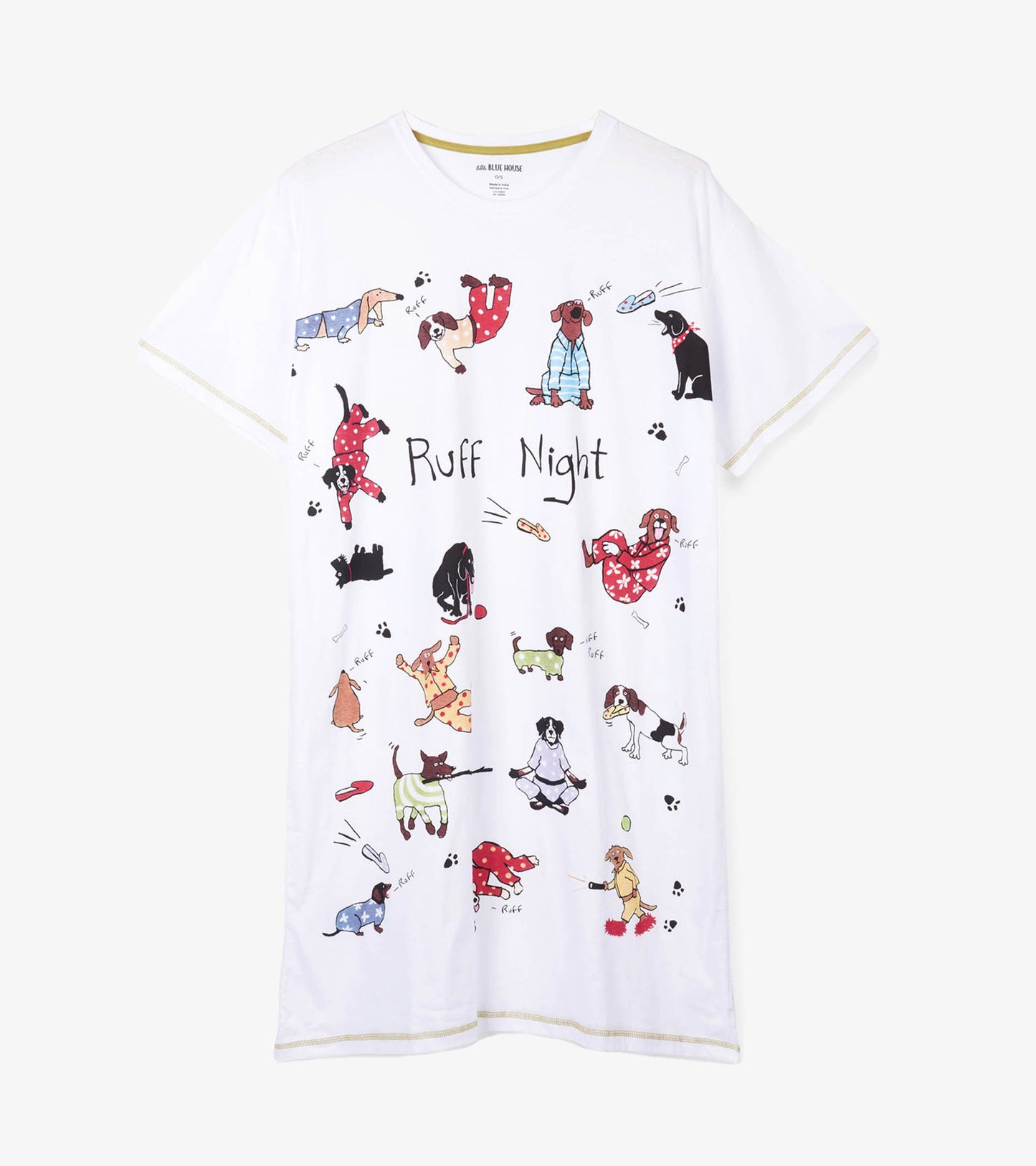 White sleepshirt featuring playful dog illustrations and the text "Ruff Night," with a relaxed fit and short sleeves.
