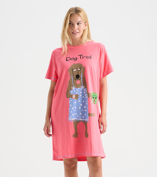 Pink short-sleeve sleepshirt featuring a playful dog graphic with a blue polka dot apron and the text "Dog Tired.