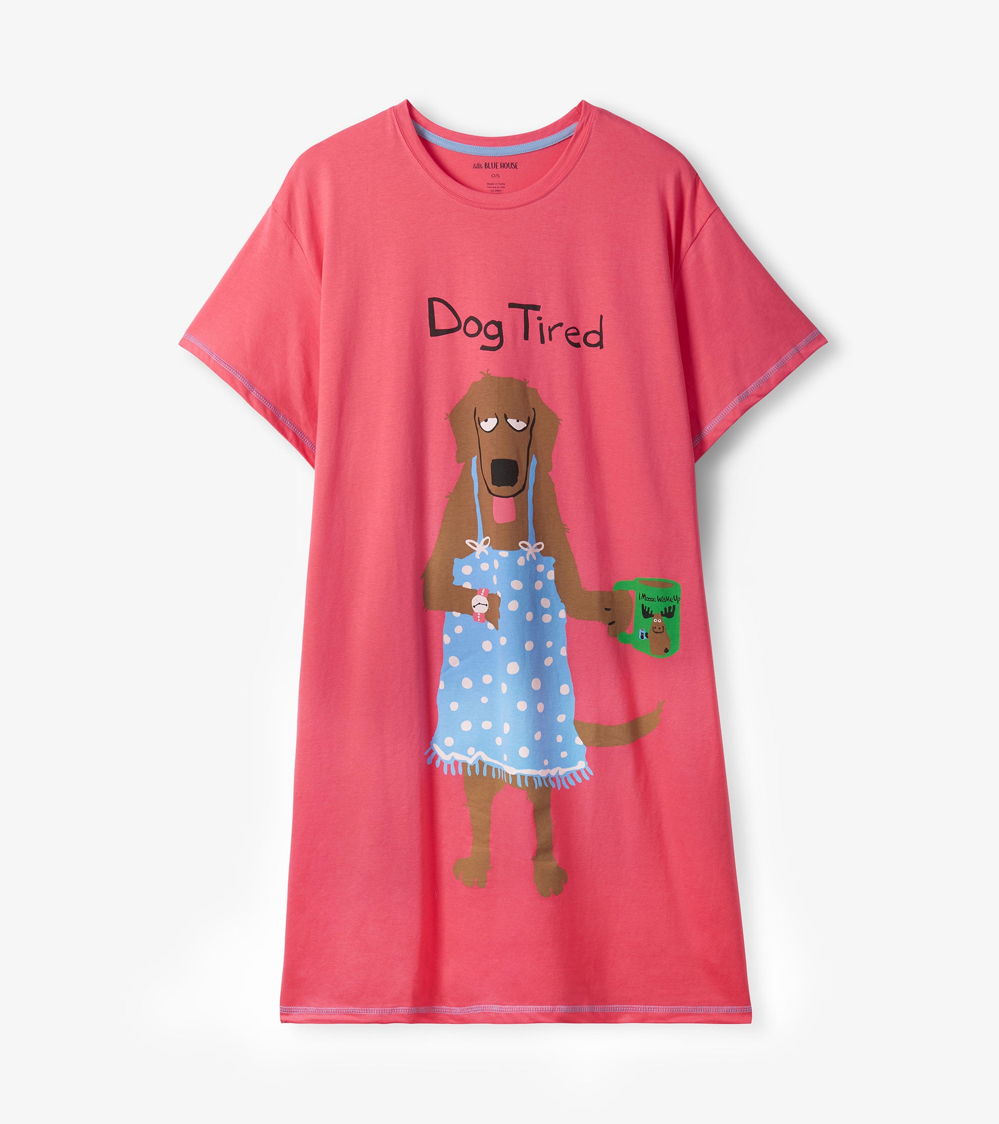 Coral sleepshirt featuring a cartoon dog in a blue polka dot apron, holding a green mug, with "Dog Tired" text.