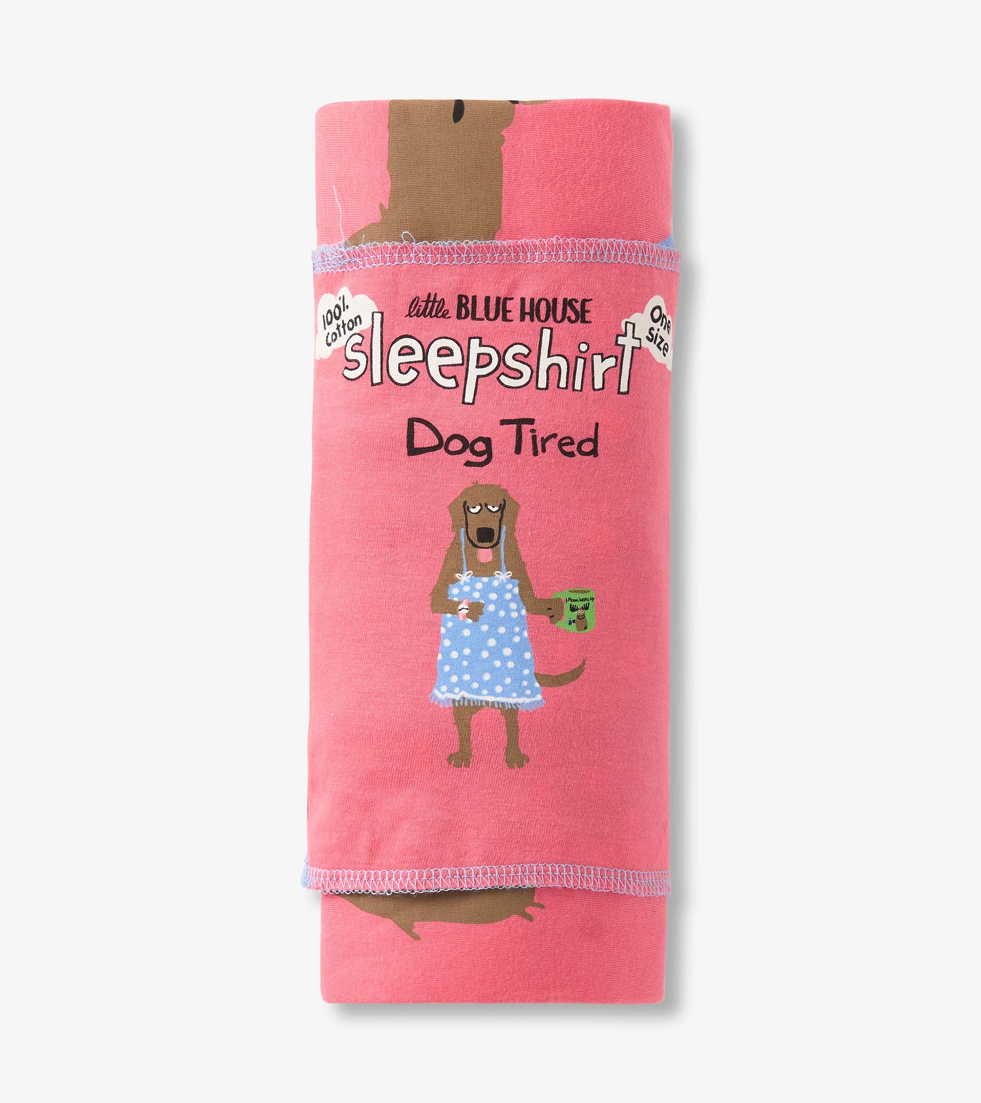 Pink cotton sleepshirt featuring a dog in a blue polka dot dress, with "Dog Tired" text. One size.