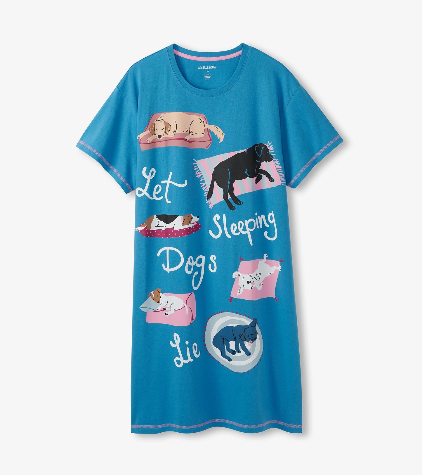 Blue sleepshirt featuring playful dog illustrations and the phrase "Let Sleeping Dogs Lie" in a relaxed fit.