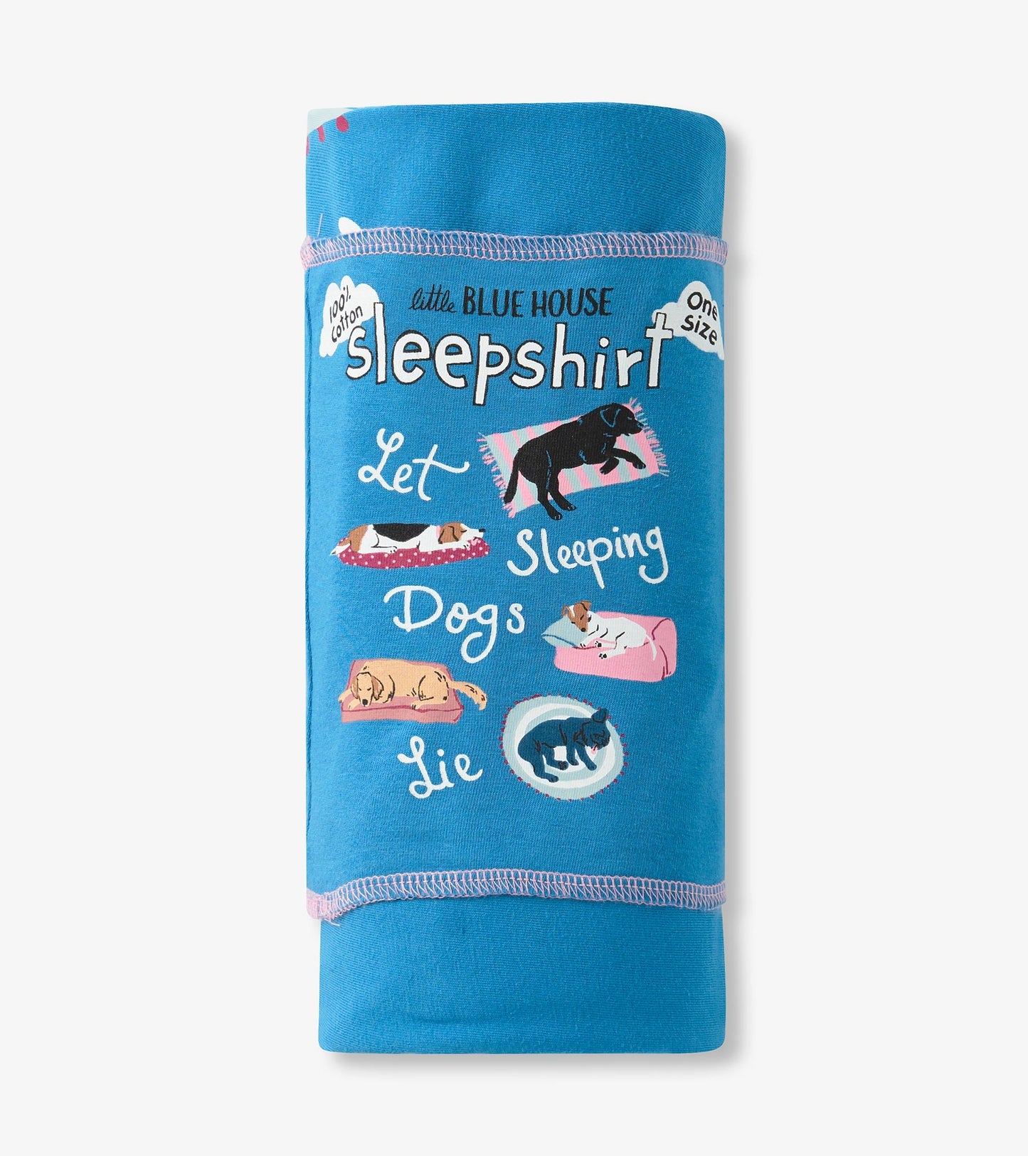 Blue cotton sleepshirt featuring playful dog illustrations and the phrase "Let Sleeping Dogs Lie." One size.