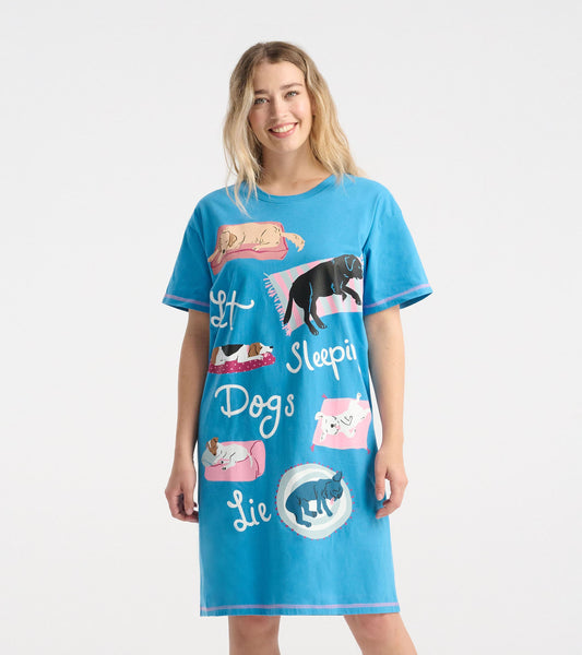 Blue short-sleeve sleepshirt featuring playful dog illustrations and text, designed for comfort and relaxation.