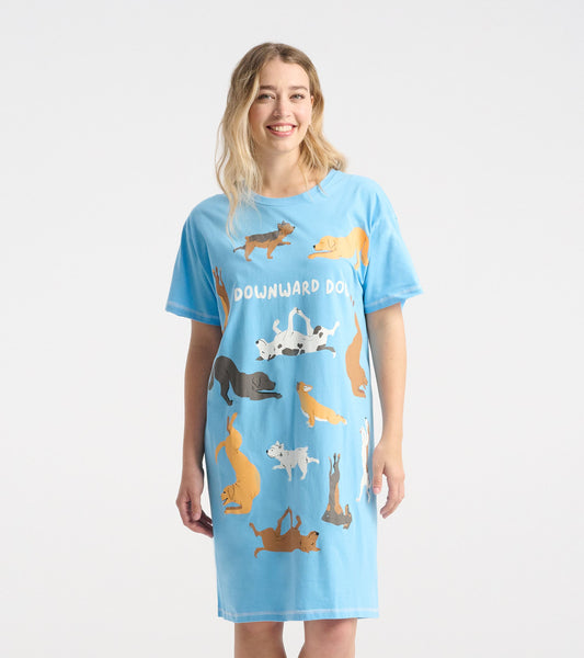Light blue sleepshirt featuring playful dog illustrations and the text "DOWNWARD DOG," designed for comfort and relaxation.